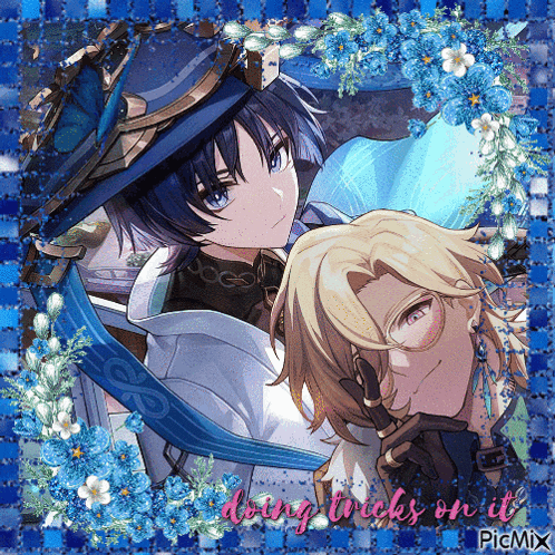 a picture of two anime characters with the words doing tricks on it on the bottom