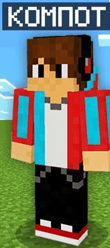 a minecraft character wearing headphones and a red jacket is standing in the grass .