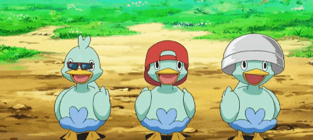three cartoon ducks wearing hats and sunglasses are standing on a dirt road