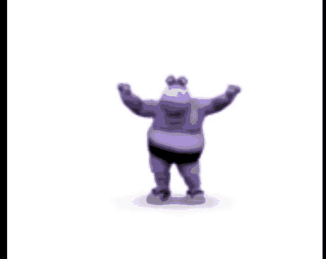 a purple hippopotamus is dancing with his arms outstretched on a white background .