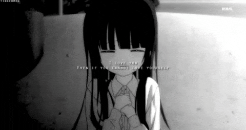 a black and white drawing of a girl with long hair and a quote that says `` i love you even if you cannot love yourself ''