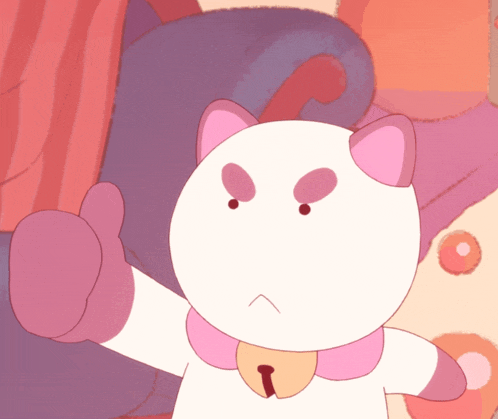 a cartoon cat with pink ears and a bell around its neck giving a thumbs up