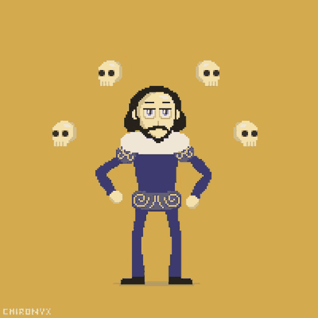 a pixel art drawing of a man surrounded by skulls with the name chirdnyx on the bottom