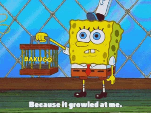 spongebob holding a cage that says bakugo on it