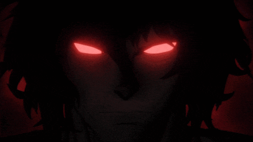 a close up of a person with red eyes