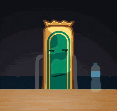 a cartoon drawing of a green door and a bottle of water on a table