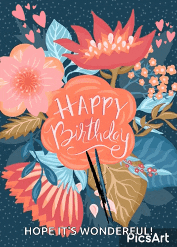 a happy birthday card with flowers and hearts