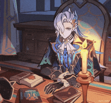 a cartoon of a man sitting at a desk with a candle in front of him