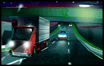 a truck is driving down a highway at night