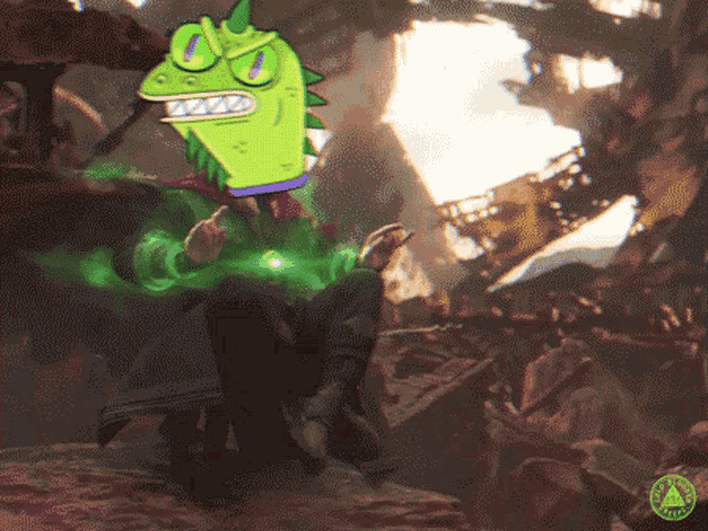 a drawing of a cartoon character with a green head and a purple collar