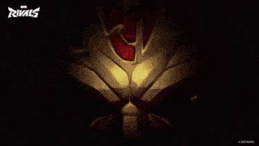 a close up of a cartoon character 's chest and arms with a marvel rivals logo behind him .
