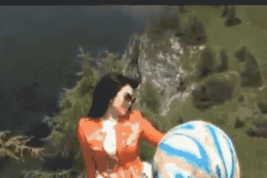 a pixelated image of a woman sitting next to a ball