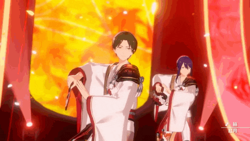 a couple of anime characters are standing next to each other on a stage in front of a yellow background .