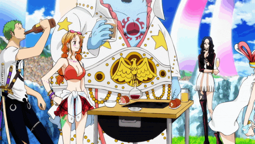 a group of anime characters are gathered around a table with a man in a costume with an eagle on it