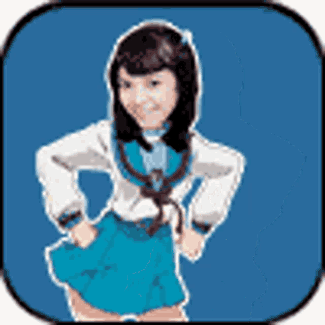 a girl in a school uniform is standing with her hands on her hips on a blue background .