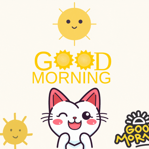 a cartoon cat says good morning with a sun and a cloud