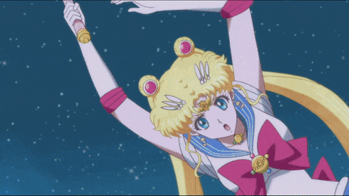 sailor moon is flying through the air while holding a microphone