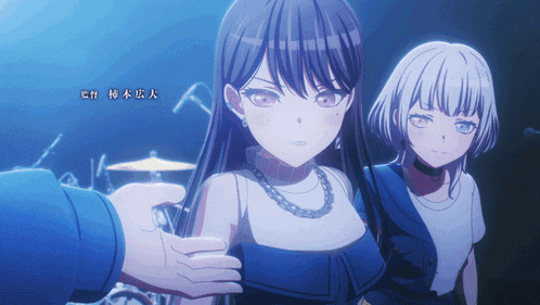 two anime girls are standing next to each other with chinese writing on the bottom right