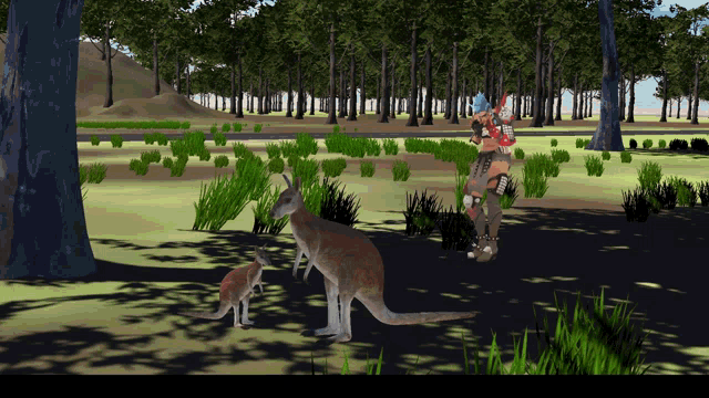 a computer generated image of a person standing next to a kangaroo and a baby kangaroo