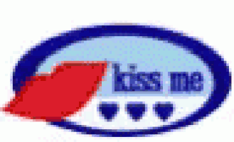 a blue oval with a red heart and the words kiss me on it .