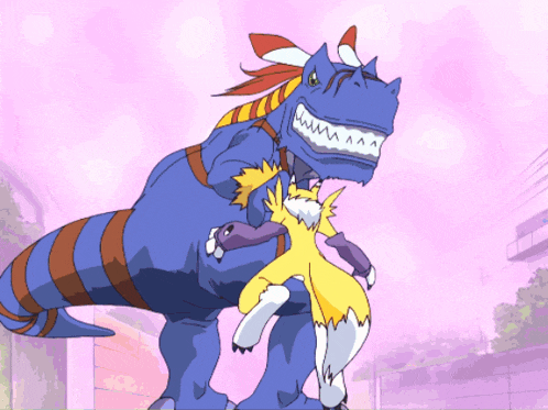 a cartoon drawing of a blue dinosaur carrying a yellow fox