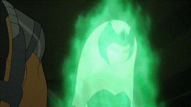 a cartoon character is standing in front of a green ghost