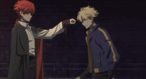 two anime characters are standing next to each other and one is holding a red ribbon
