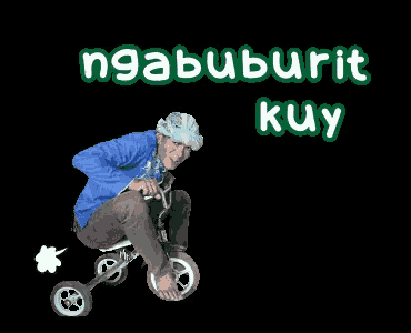 a man in a blue shirt is riding a tricycle with the words ngabuburit kuy above him