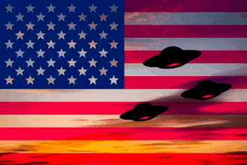 three flying saucers are flying in front of a colorful american flag