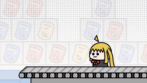 two cartoon characters are sitting on a conveyor belt in front of a wall with numbers on it