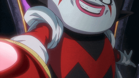 a cartoon character is wearing a red and black outfit and has a huge smile on his face