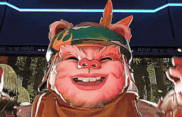 a cartoon of a pig wearing a headband with a feather on it