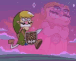 a cartoon of link reading a book with a pink background .