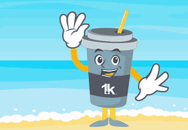 a cartoon drawing of a cup with a straw and the letter k on it