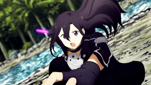 a girl with long black hair and purple eyes is holding a sword