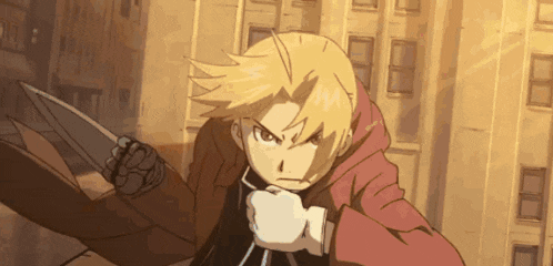edward elric from full metal alchemist is holding a knife in his hand .