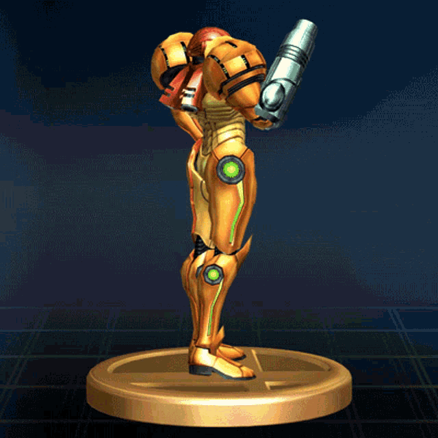 a statue of samus from a video game stands on a pedestal