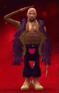a man in a yellow jacket and purple pants is holding another man in his arms