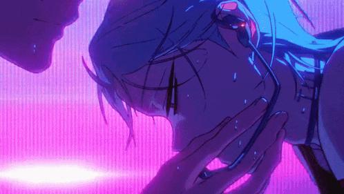 a man is touching a woman 's face in a purple and blue anime scene .