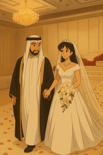 a bride and groom are holding hands in a room with petals on the floor