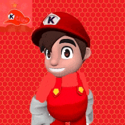 a cartoon character wearing a red hat and overalls with the letter k on it