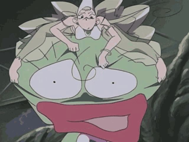 a cartoon character is making a funny face with a red mouth