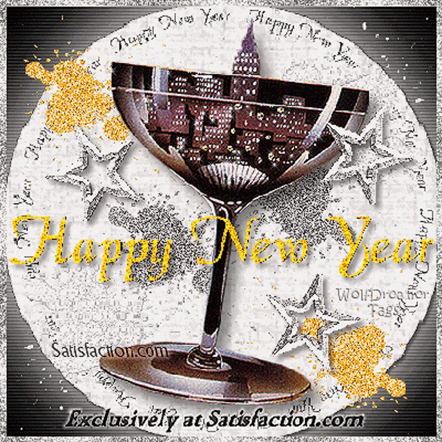 a happy new year greeting card with a wine glass and the words " exclusively at satisfaction.com "