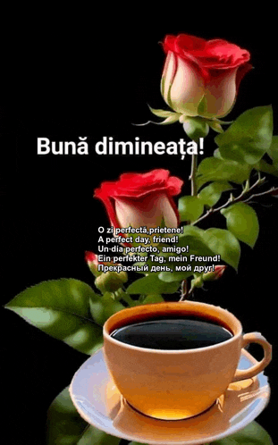 a cup of coffee sits on a saucer next to a bunch of flowers