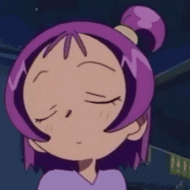 a close up of a cartoon character with purple hair making a funny face .