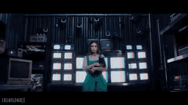 a woman in a green dress is holding a black cat in front of a wall of televisions ..