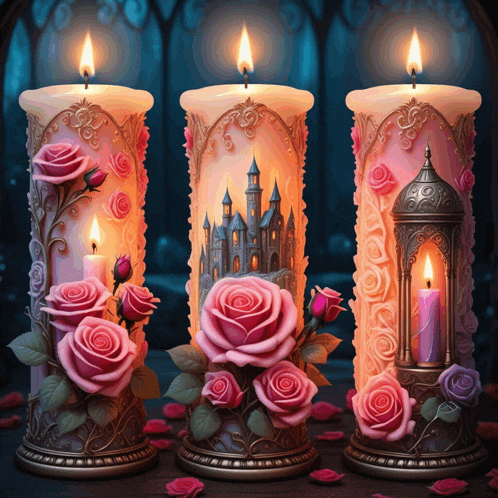 three candles are decorated with pink roses and a castle