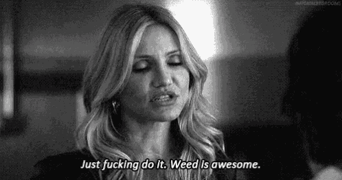 a black and white photo of a woman smoking a cigarette and saying `` just fucking do it . weed is awesome . ''
