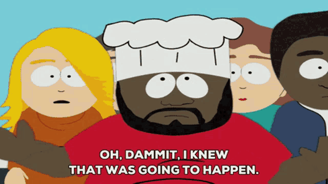 a cartoon character says oh dammit i knew that was going to happen in front of a group of people