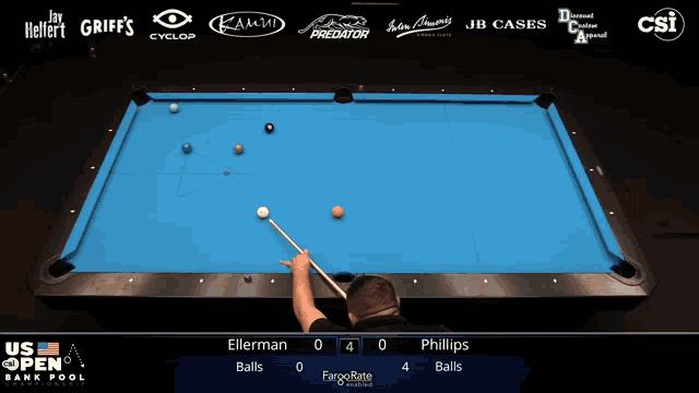 a pool table with the us open bank pool championship on the screen